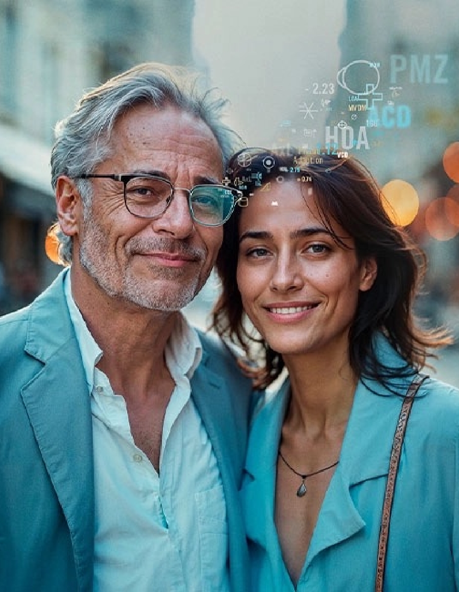 Glückliches Paar blickt in die Kamera. Mann trägt Gleitsichtbrille, um seinen Kopf befinden sich futuristische Grafiken, welche die intelligente Brillentechnologie andeuten. 